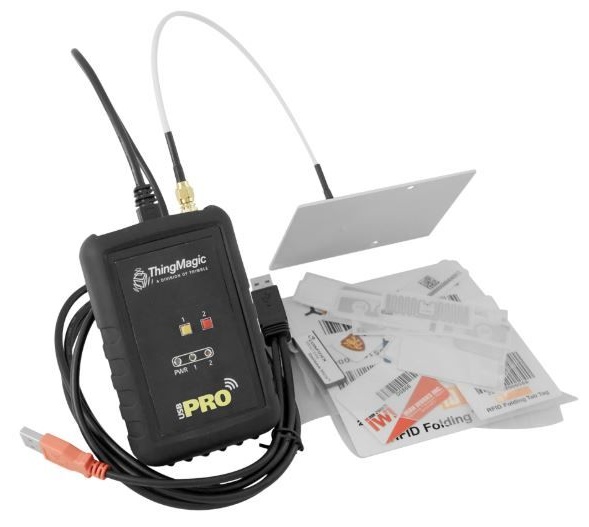 ThingMagic USB Pro RFID Desktop Reader Development Kit - Includes USB Pro Desktop UHF RFID Reader + USB Micro-B connector, with removable 6 ft cable with dual USB-A type plug, Linearly Polarized Antenna (Global), SMA to RP-SMA Cable, 1 x Sample Tag Pack.